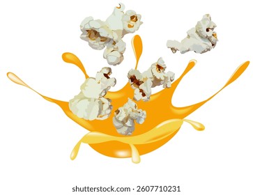 Popcorn popping up from hot yellow cheese or butter isolated on white background, Corn snack cooked and pop up from liquid droplet, Fast food story vector graphic illustration