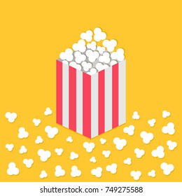 Popcorn popping on floor. Red yellow strip square paper box. Cinema movie night icon. Flat design style. Yellow background. Isolated. Vector illustration