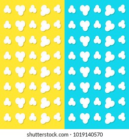Popcorn popping pattern. Top air view. Heart shape frame. Cinema movie night sign symbol. Tasty food. Flat design style. Yellow and blue background. Vector illustration