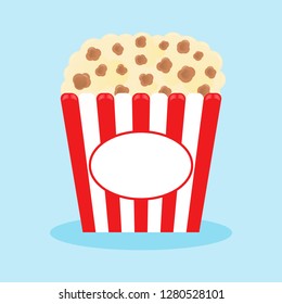 Popcorn popping in a red striped box. Cinema movie night icon in flat design style. Vector