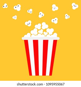 Popcorn popping. Red yellow strip box. Cinema movie night icon in flat design style. Eyes Smiling face. Cute cartoon character. Yellow background. Isolated. Vector illustration
