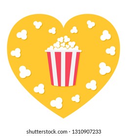 Popcorn popping. Red yellow strip box. Heart shape. I love movie cinema night icon in flat design style. White background. Isolated. Vector illustration