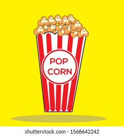 Popcorn popping. Red yellow strip box package. Cinema movie night icon in flat design style. Fast food. Yellow background Red white text. Vector illustration