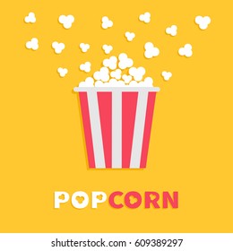 Popcorn popping. Red yellow strip box package. Cinema movie night icon in flat design style. Fast food. Yellow background Red white text. Vector illustration