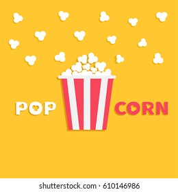 Popcorn popping. Red yellow strip box package. Cinema movie night icon in flat design style. Fast food. Yellow background with text. Vector illustration