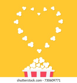 Popcorn popping. Red yellow strip box. Cinema movie night icon in flat design style. Heart shape frame. Yellow background. Isolated. Vector illustration
