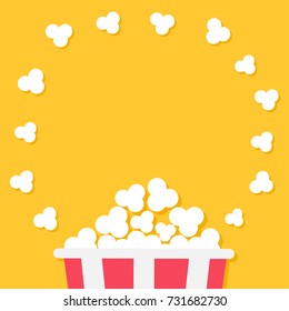 Popcorn popping. Red yellow strip box. Cinema movie night icon in flat design style. Round circle shape frame. Yellow background. Isolated. Vector illustration