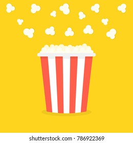 Popcorn popping. Red yellow strip box. Cinema movie night icon. Vector illustration.