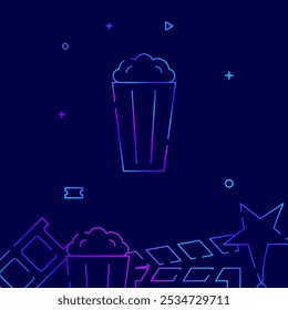 Popcorn portion gradient line vector icon, simple illustration on a dark blue background, cinema related bottom border.