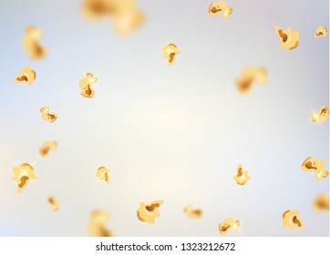 Popcorn poster cinema movie background. Flying pop corn isolated food snack.