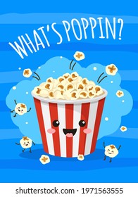 Popcorn poster. Cute bucket of popcorn with funny smiling face. Tv movie, cinema print with food and snacks. Cartoon vector background. Striped container or package with crunchy food