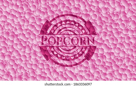 Popcorn realistic pink emblem with bubbles background. Vector Illustration. Detailed. 