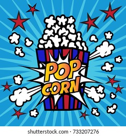 Popcorn in a red and blue striped bucket box. Popcorn exploding. Vector illustration