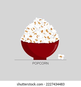 Popcorn and red bowl vector illustration on gray background. Popcorn is a delicious snack that you enjoy while watching movies.