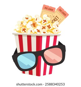 Popcorn in a red box, 3d glasses and tickets to see the movie Time in a cinema. Vector images. Isolated	
