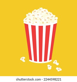 Popcorn in red box. Eat for cinema or movie. Vector illustration.