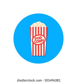 Popcorn in red box isolated on background. Cinema popcorn flat icon. Round icon. Vector illustration