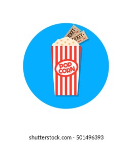 Popcorn in red box isolated on background. Popcorn and cinema tickets. Round flat icon. Vector illustration