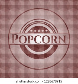 Popcorn red emblem or badge with abstract geometric polygonal pattern background. Seamless.