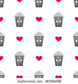 popcorn and red heart. Seamless background. Vector. EPS 10