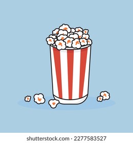 Popcorn in a red striped bucket box. Stock vector illustration of snack ready to eat icon. 