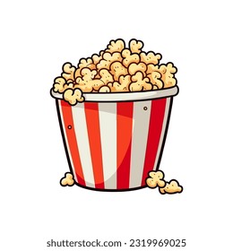 Popcorn in a red striped bucket illustration flat design. Pop corn box isolated on white background. Cartoon sticker cinema food