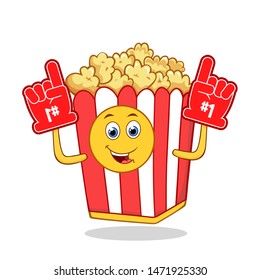 Popcorn Red White Box Cartoon Mascot Character With The Number 1 One Sports Fan Hand Gloves.