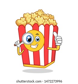 Popcorn Red White Box with Magnifying Glass in Hand Cartoon Mascot Character And Giving a Thumbs Up.