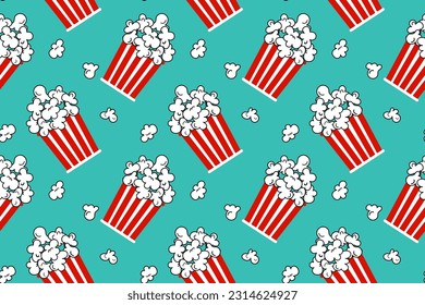 Popcorn red and white striped bucket seamless pattern on blue background. vector illustration cartoon 90s style