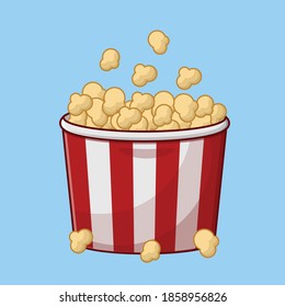 Popcorn in red and white striped carton bucket vector illustration. Cinema object design concept.
