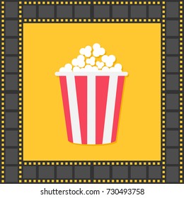 Popcorn. Red yellow box. Film strip square frame. Cinema movie night icon in flat design style. Yellow background. Isolated. Vector illustration