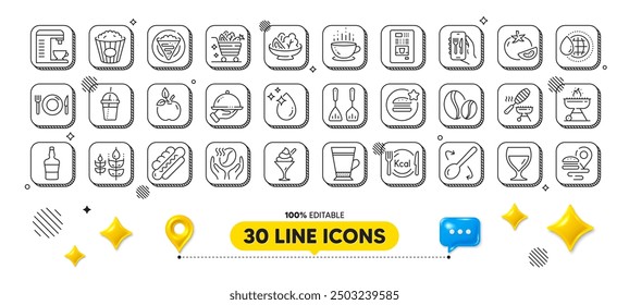 Popcorn, Restaurant food and Coffee machine line icons pack. 3d design elements. Cooking cutlery, Water drop, Food web icon. Calories, Grill, Coffee pictogram. Crepe, Salad, Scotch bottle. Vector