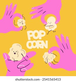 Pipoca fundo amarelo retro. Pink desenho animado mão desenhada mãos segurando pipoca. Personagens engraçados bonitos de milho kawaii pop. Ícone vetorial de comida de cinema. Cartaz de entretenimento cinematográfico