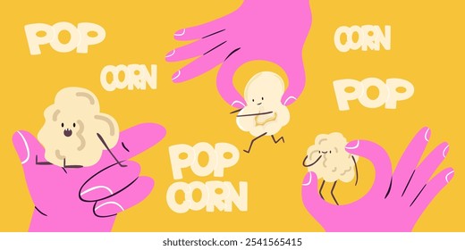 Pipoca fundo amarelo retro. Pink desenho animado mão desenhada mãos segurando pipoca. Personagens engraçados bonitos de milho kawaii pop. Ícone vetorial de comida de cinema. Cartaz de entretenimento cinematográfico