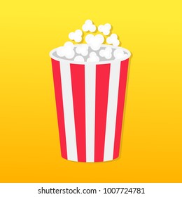 Popcorn round box. Movie Cinema icon in flat design style. Pop corn popping. Yellow gradient background. Fast food. Vector illustration