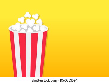 Popcorn round box. Movie Cinema icon in flat design style. Pop corn popping. Left side template. Empty space. Yellow gradient background. Fast food. Vector illustration