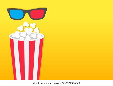Popcorn round box. Movie Cinema icon in flat design style. Pop corn popping. Left side template. Empty space. Yellow gradient background. Fast food. Vector illustration