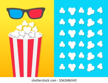Popcorn round bucket box. 3D red blue glasses. Movie Cinema icon in flat design style. Pop corn popping pattern. Blue Yellow background. Fast food. Vector illustration
