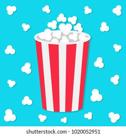 Popcorn round bucket box. Movie Cinema icon in flat design style. Pop corn popping. Blue background. Fast food. Vector illustration