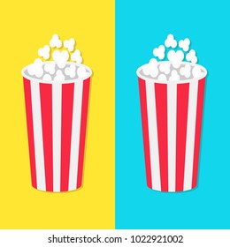 Popcorn round bucket box set. Movie Cinema icon in flat design style. Pop corn popping. Fast food. Blue yellow background template. Vector illustration