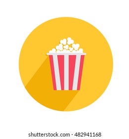 Popcorn. Round circle icon in flat design style. Big long corner shadow. Movie cinema. Tasty food. White background. Isolated. Vector illustration