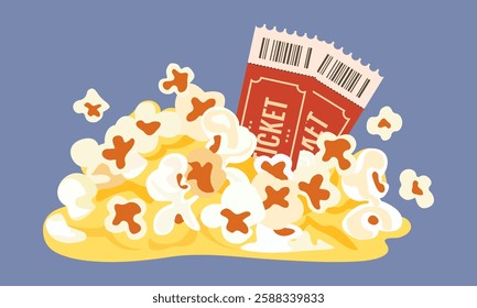 Popcorn scattered with tickets sticking out to watch movie Time in a cinema. Vector images. Isolated