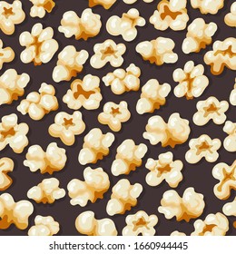 Popcorn seamless. Movie symbols popping hand fast snacks vector pattern for textile design projects