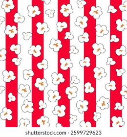 Popcorn seamless pattern. Popcorn pattern background. Popcorn seamless pattern with pop corn snack icons. Graphic design for pop corn pack. Fast food packaging design.