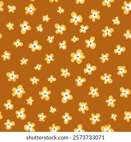 Popcorn seamless pattern with corn flakes in a rows. Cartoon style repeated background. Floral pattern with yellow, lemon and caramel colors. Swatch included.