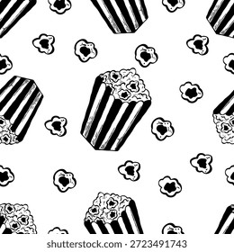 Patrón de palomitas de maíz sin fisuras. Doodle patrón de cesta de palomitas de maíz. Dibujado a mano ilustración de palomitas de maíz.