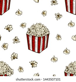 Popcorn Seamless Pattern. Hand Drawn Fast Food Vector Illustration. Pop Corn Wallpaper Surface Design Template.