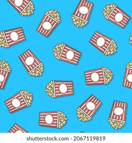 Popcorn Seamless Pattern On A Blue Background. Popcorn Bucket Boxes Icon Vector Illustration