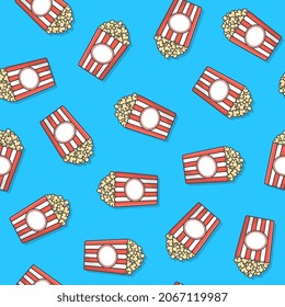 Popcorn Seamless Pattern On A Blue Background. Popcorn Bucket Boxes Theme Vector Illustration