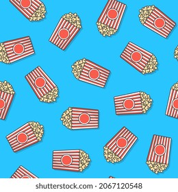 Popcorn Seamless Pattern On A Blue Background. Popcorn Bucket Boxes Theme Illustration
